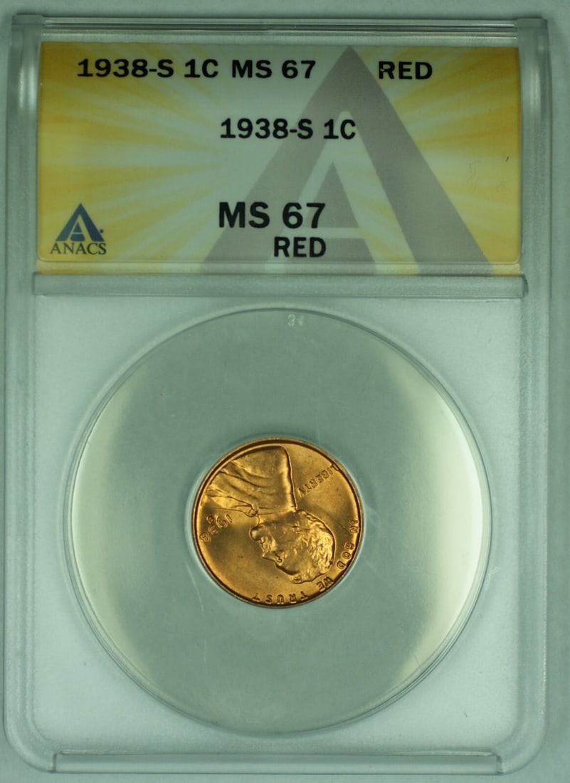 1938-S Lincoln Wheat Cent ANACS MS 67 RD Uncirculated Coin (1 of 2)