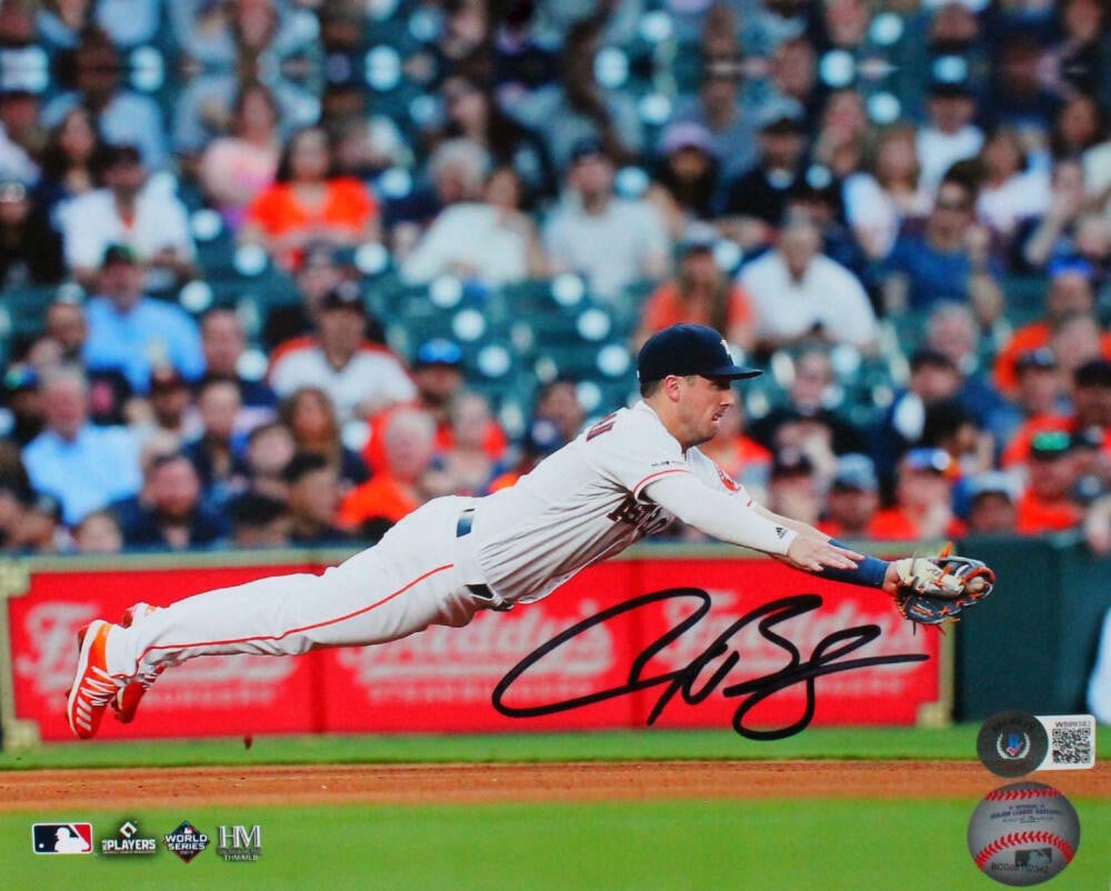 Alex Bregman Signed Houston Astros 8x10 Photo Beckett Authenticated: Alex Bregman Signed Houston Astros 8x10 Photo Beckett Authenticated This is an original 8x10 photograph of Alex Bregman diving, signed by the player himself. The photo is authenticated by Beckett Auth