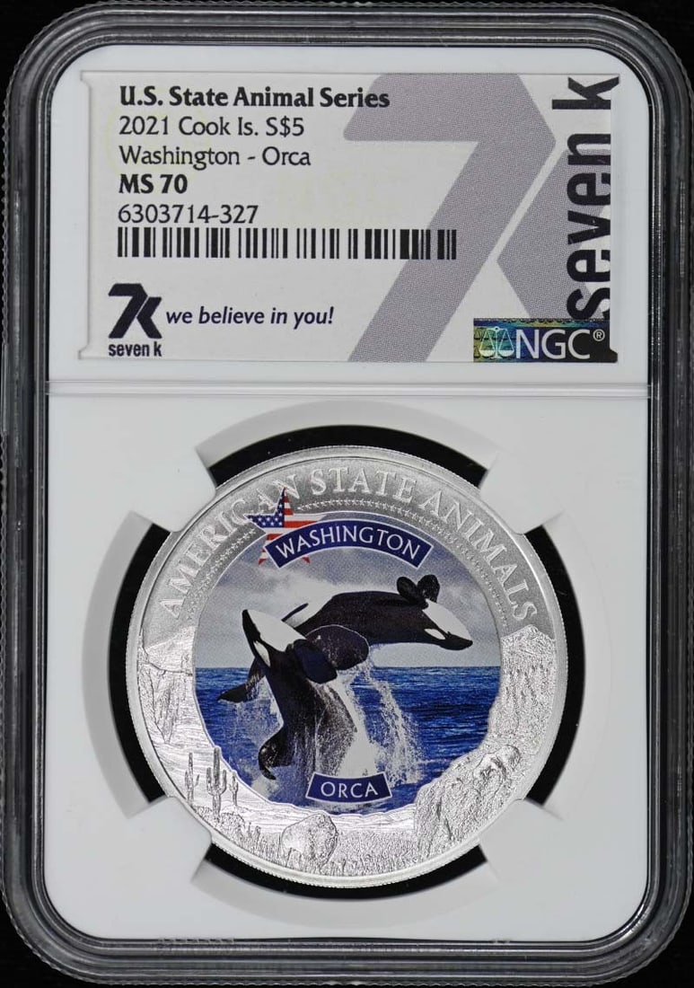 2021 Cook Islands Orca $5 Coin NGC MS70 Certification: 2021 Cook Islands Orca $5 Coin NGC MS70 Certification This 2021 Cook Islands Orca coin is certified by NGC with a perfect grade of MS70, indicating it is uncirculated and in exceptional condition. As