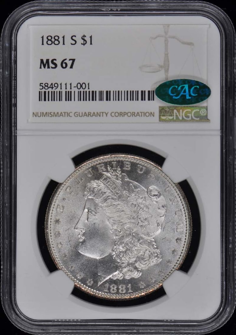 1881-S Morgan Dollar NGC MS67 CAC Uncirculated Coin: 1881-S Morgan Dollar NGC MS67 CAC Uncirculated Coin This stunning 1881-S Morgan Dollar is certified by NGC with a remarkable grade of MS67, indicating it is in uncirculated condition. Minted in San Fr