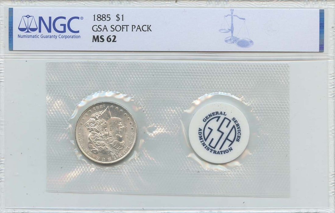 1885 Morgan Dollar GSA Soft Pack NGC MS62 Uncirculated: 1885 Morgan Dollar GSA Soft Pack NGC MS62 Uncirculated This 1885 Morgan Dollar is a remarkable piece, certified by NGC with a grade of MS62, indicating it is in uncirculated condition. Minted in Phila