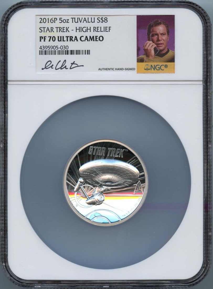 2016 5oz Tuvalu Star Trek High Relief Coin NGC PR70DCAM with Box and COA: 2016 5oz Tuvalu Star Trek High Relief Coin NGC PR70DCAM with Box and COA This 2016P 5oz Tuvalu Star Trek coin features a stunning high relief design and is graded PR70 by NGC, certifying its exception
