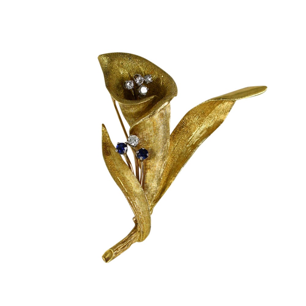 Vintage 18K Yellow Gold Floral Brooch Pendant with Diamonds and Lab Sapphires (1 of 6)
