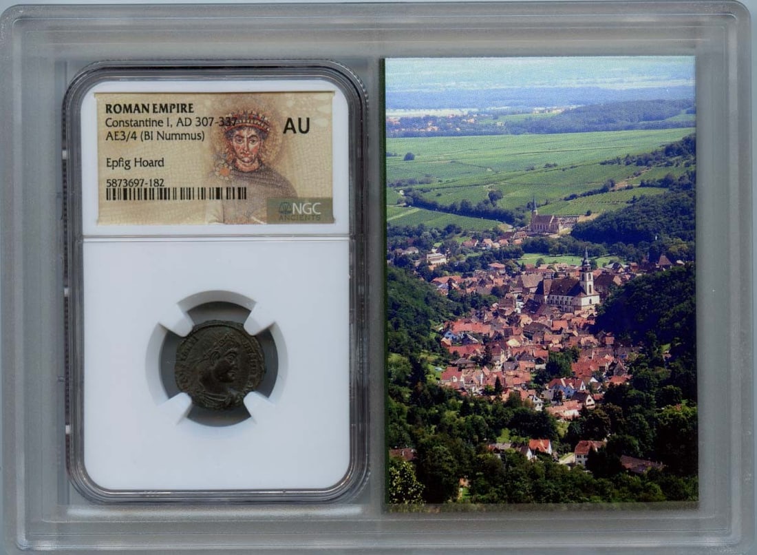Constantine I AE3/4 Coin NGC AU50 Ancient Roman: Constantine I AE3/4 Coin NGC AU50 Ancient Roman This ancient Roman coin features the reign of Constantine I, dating from AD 307 to 337. Certified by NGC with a grade of AU50, this AE3/4 (BI Nummus) co
