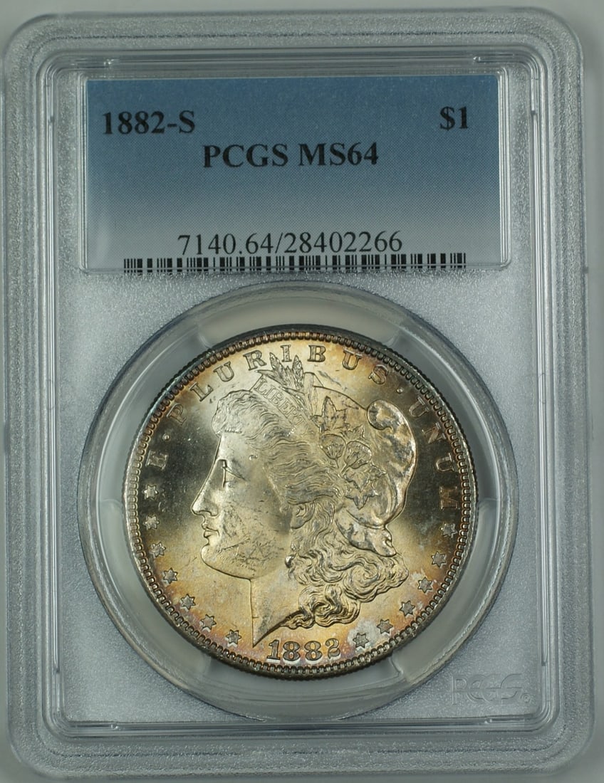 1882-S Morgan Silver Dollar Coin PCGS MS-64 Toned Obverse: 1882-S Morgan Silver Dollar Coin PCGS MS-64 Toned Obverse This 1882-S Morgan Silver Dollar features a stunning toned obverse and is graded MS-64 by PCGS, indicating its uncirculated condition. Minted