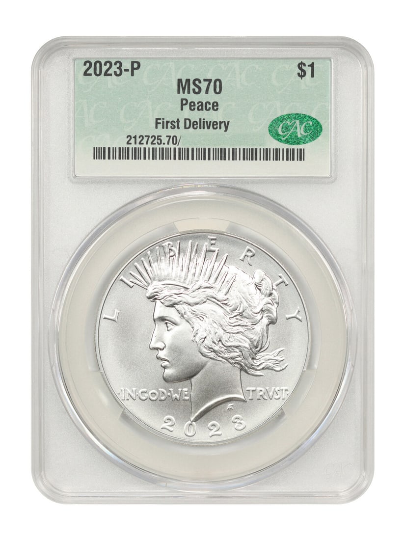 2023-P $1 Peace Dollar CACG MS70 First Delivery Uncirculated: 2023-P $1 Peace Dollar CACG MS70 First Delivery Uncirculated This 2023-P $1 Peace Dollar is certified by CACG with a perfect grade of MS70, marking it as uncirculated and in exceptional condition. Min