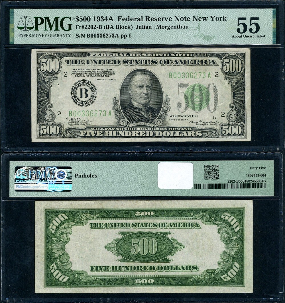 $500 1934-A Federal Reserve Note New York PMG AU55 B-A Block (1 of 3)