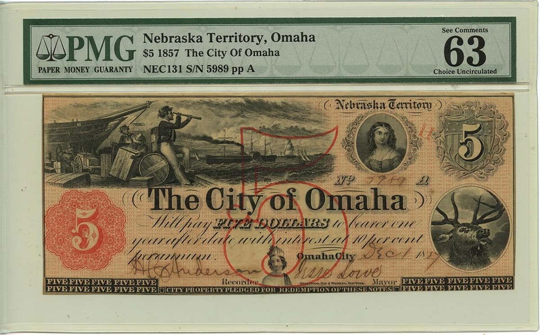 1857 $5 Omaha City Nebraska Territory PMG Certified Uncirculated Note: 1857 $5 Omaha City Nebraska Territory PMG Certified Uncirculated Note This is an 1857 $5 Nebraska Territory Omaha City NEC131 note. It is certified by PMG and graded MS63, indicating it is in uncircul