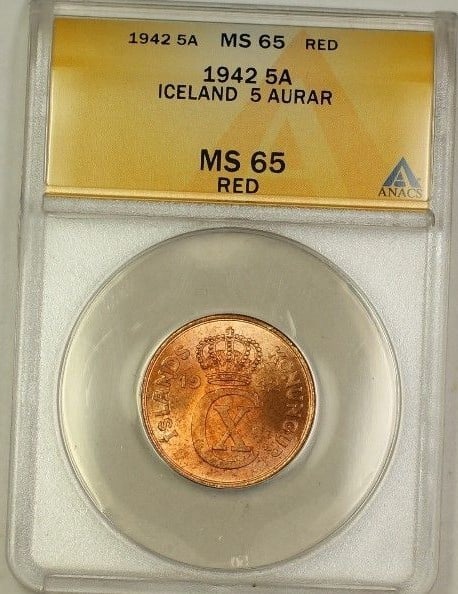 1942 Iceland 5A Five Aurar Copper Coin ANACS MS-65 Red GEM Uncirculated: 1942 Iceland 5A Five Aurar Copper Coin ANACS MS-65 Red GEM Uncirculated This 1942 Iceland 5 Aurar coin is a remarkable piece for any collector. Graded MS-65 by ANACS, this uncirculated coin features a