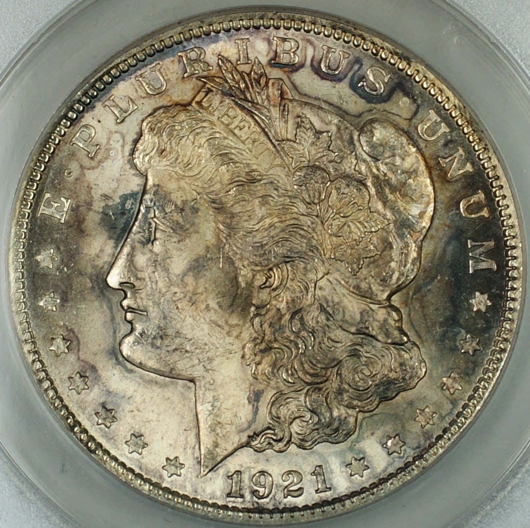 1921 Silver Morgan Dollar Coin ANACS MS-62 Toned Reeded Top 100 (1 of 4)