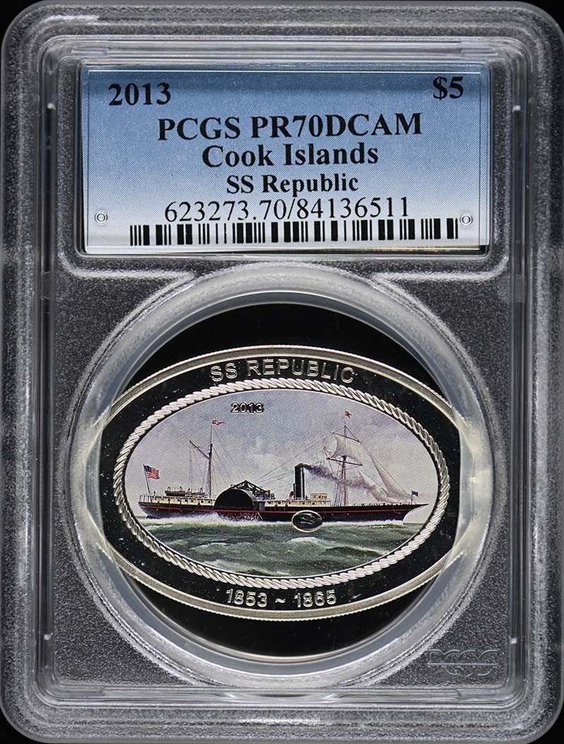 2013 Cook Islands $5 SS Republic Coin PCGS MS70 First Strike: 2013 Cook Islands $5 SS Republic Coin PCGS MS70 First Strike This 2013 Cook Islands $5 SS Republic coin is graded as MS70 by PCGS, certifying it as an uncirculated piece of remarkable quality. The coi