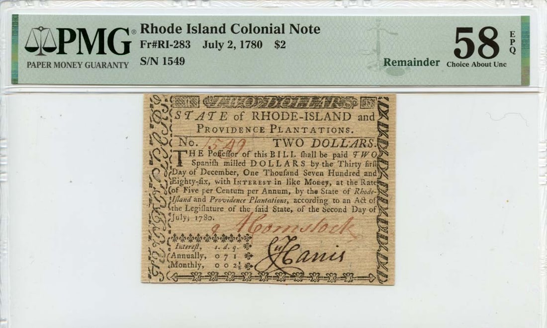 1780 $2 Rhode Island Colonial Note RI-283 PMG AU58 EPQ (1 of 2)