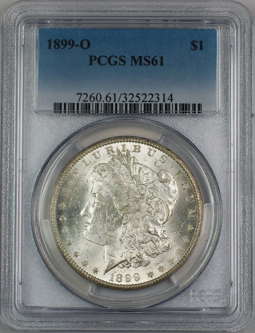 1899-O Morgan Silver Dollar Certified PCGS MS61 Silver Coin: 1899-O Morgan Silver Dollar Certified PCGS MS61 Silver Coin This 1899-O Morgan Silver Dollar is a stunning piece certified by PCGS with a grade of MS 61, indicating its excellent uncirculated conditio