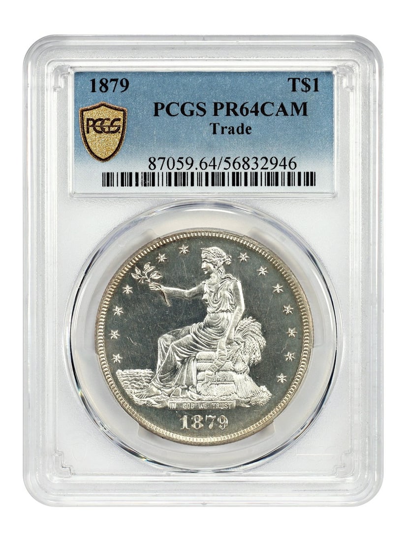 1879 Proof Trade Dollar PCGS PR64CAM Philadelphia Mint Certified: 1879 Proof Trade Dollar PCGS PR64CAM Philadelphia Mint Certified This 1879 Trade Dollar is a proof-only coin graded PR64CAM by PCGS. Struck at the Philadelphia Mint, it features light golden hues and