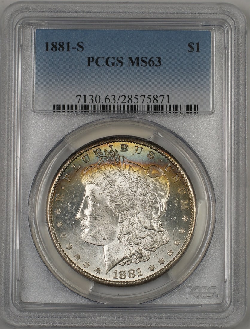 1881-S Morgan Silver Dollar PCGS MS-63 Toned Uncirculated: 1881-S Morgan Silver Dollar PCGS MS-63 Toned Uncirculated This 1881-S Morgan Silver Dollar is a stunning collectible coin graded MS-63 by PCGS, showcasing its uncirculated condition. Minted in San Fra