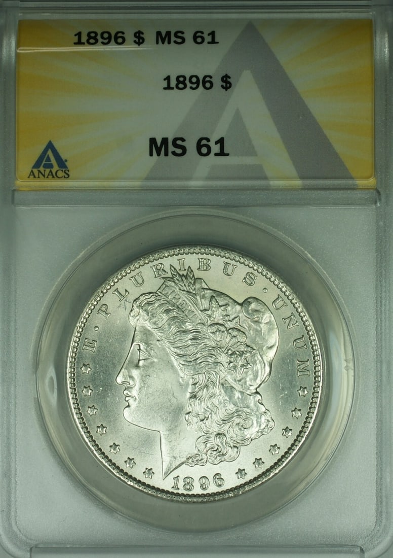 1896 Morgan Silver Dollar ANACS MS 61 Philadelphia Silver Coin: 1896 Morgan Silver Dollar ANACS MS 61 Philadelphia Silver Coin This 1896 Morgan Silver Dollar coin is certified by ANACS with a grade of MS-61, indicating its uncirculated condition. Struck in Philade