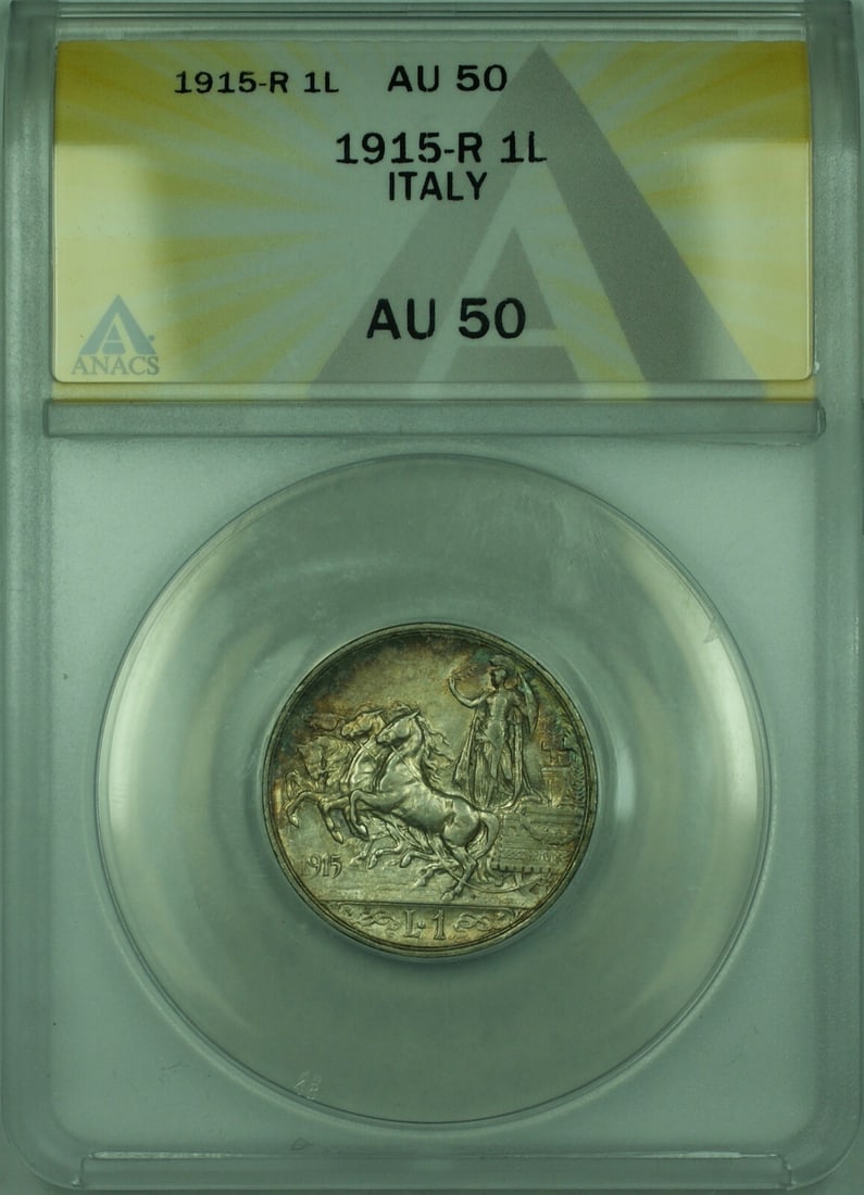 1915-R Italy 1 Lira Silver Coin ANACS AU 50 KM#32: 1915-R Italy 1 Lira Silver Coin ANACS AU 50 KM#32 This 1915-R 1 Lira Silver Coin from Italy is a remarkable collectible piece, certified by ANACS with a grade of AU 50. Composed of silver, this coin s