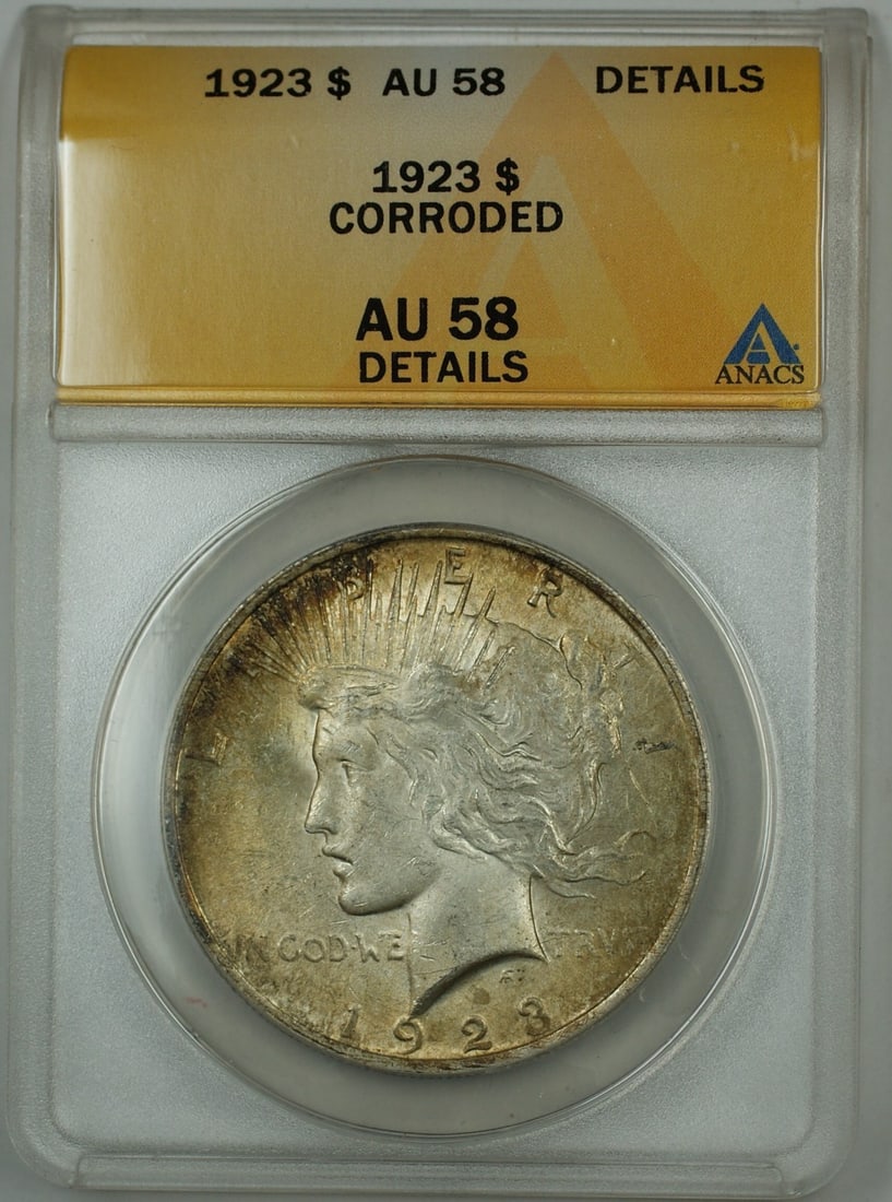 1923 Silver Peace Dollar Coin ANACS AU 58 Details Toned: 1923 Silver Peace Dollar Coin ANACS AU 58 Details Toned This 1923 Silver Peace Dollar Coin, certified by ANACS with a grade of AU-58 Details, showcases a beautifully toned surface. The coin was minted