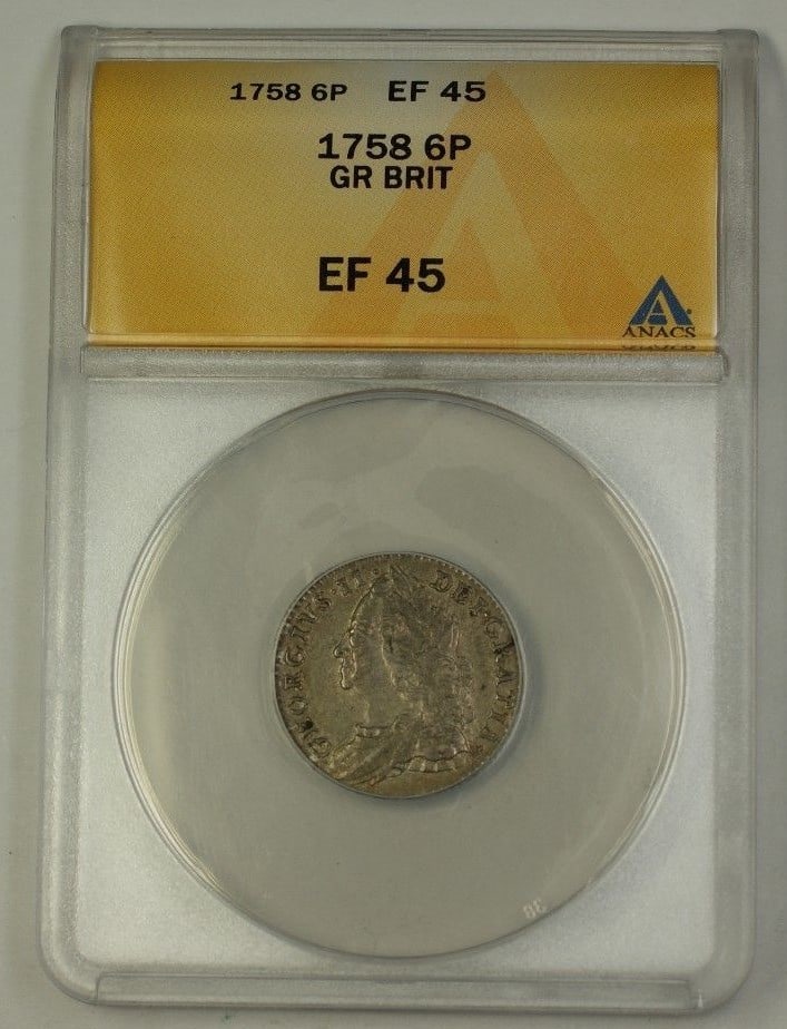 1758 Great Britain Six Pence Silver Coin ANACS EF-45 Certified: 1758 Great Britain Six Pence Silver Coin ANACS EF-45 Certified This 1758 Great Britain Six Pence is a historic silver coin, showcasing the craftsmanship of its era. Graded as EF-45 by ANACS, this circ