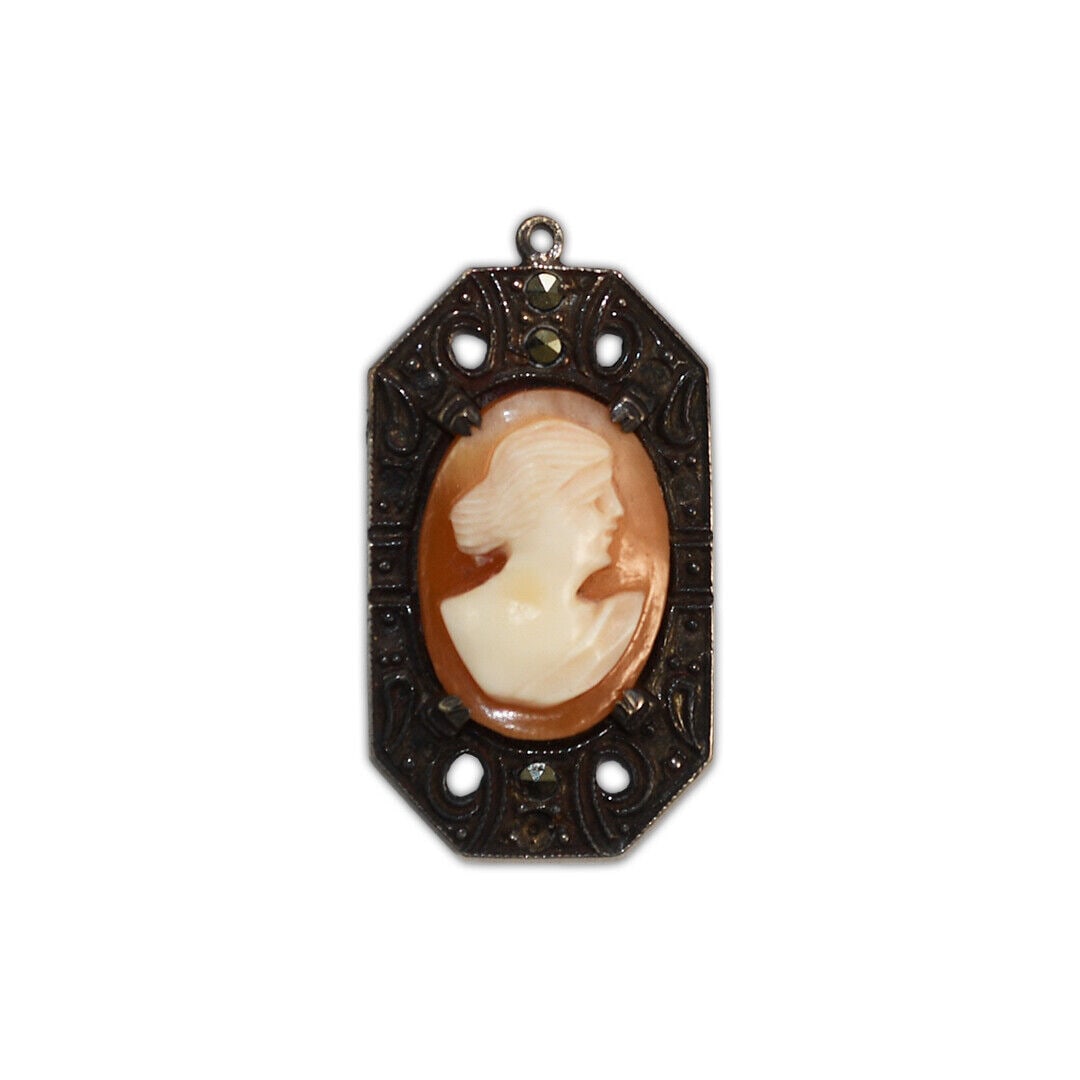 Art Deco Sterling Silver Marcasite Cameo Shell Pendant (1 of 4)