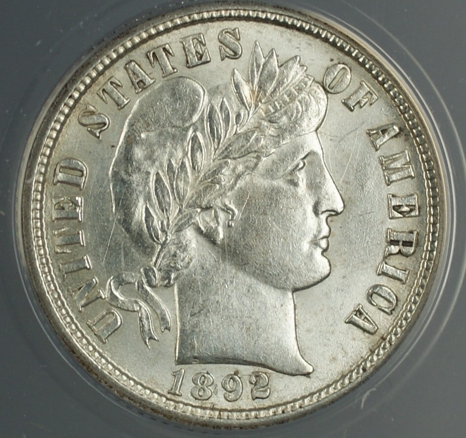 1892-O Barber Silver Dime ANACS MS 60 Details New Orleans: 1892-O Barber Silver Dime ANACS MS 60 Details New Orleans This 1892-O Barber Silver Dime is a remarkable piece for collectors. Certified by ANACS with a grade of MS 60 Details, this uncirculated coin