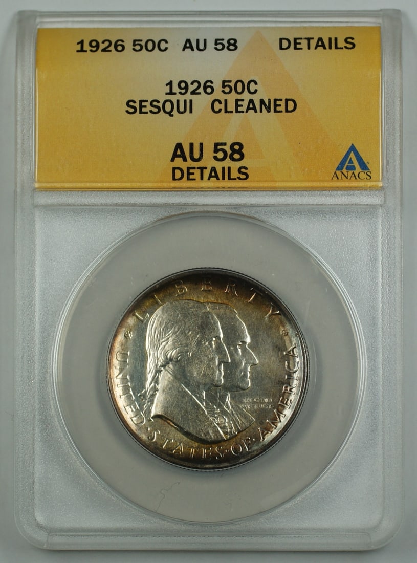 1926 Sesqui Commemorative Silver Half Coin ANACS AU 58 Toned: 1926 Sesqui Commemorative Silver Half Coin ANACS AU 58 Toned This 1926 Sesqui Commemorative Silver Half Coin is certified by ANACS with a grade of AU 58. It features a denomination of 50 cents and was