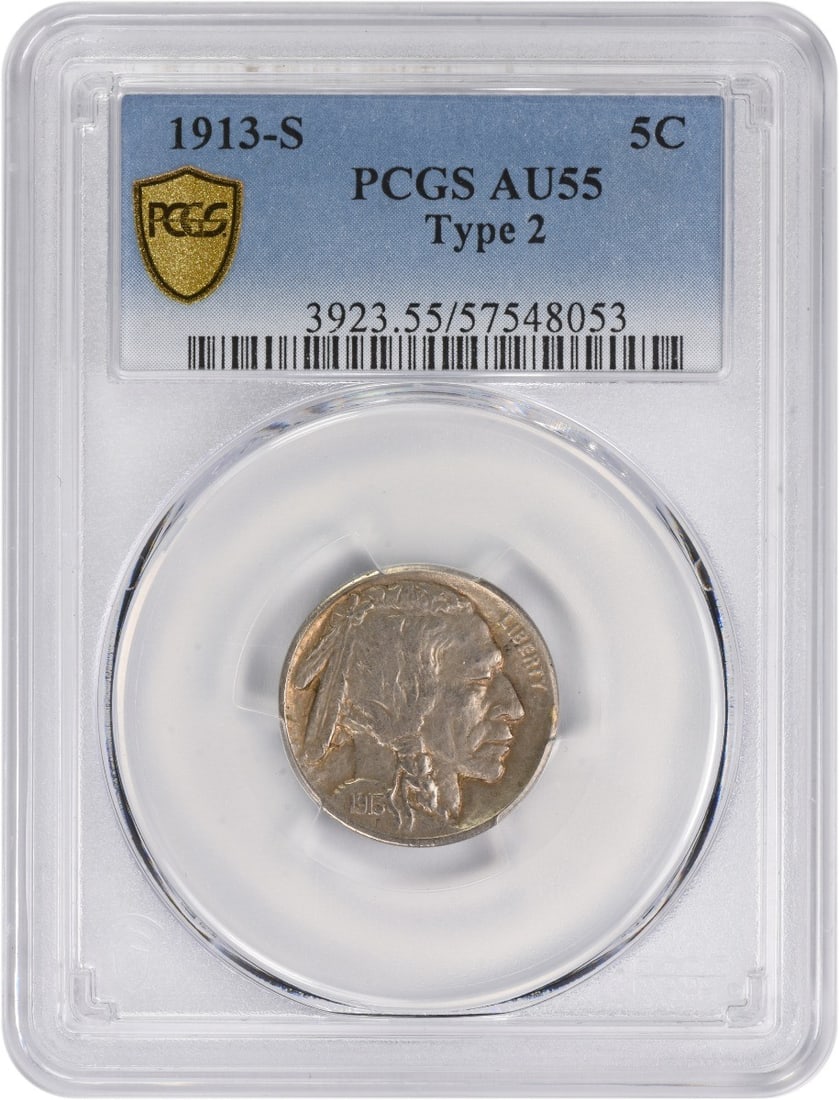 PCGS AU55 1913 San Francisco Buffalo Nickel Five Cent Type 2: PCGS AU55 1913 San Francisco Buffalo Nickel Five Cent Type 2 This is a 1913-S Buffalo Nickel Type 2 graded AU55 by PCGS. Minted in the United States, this circulated five-cent coin features the iconic