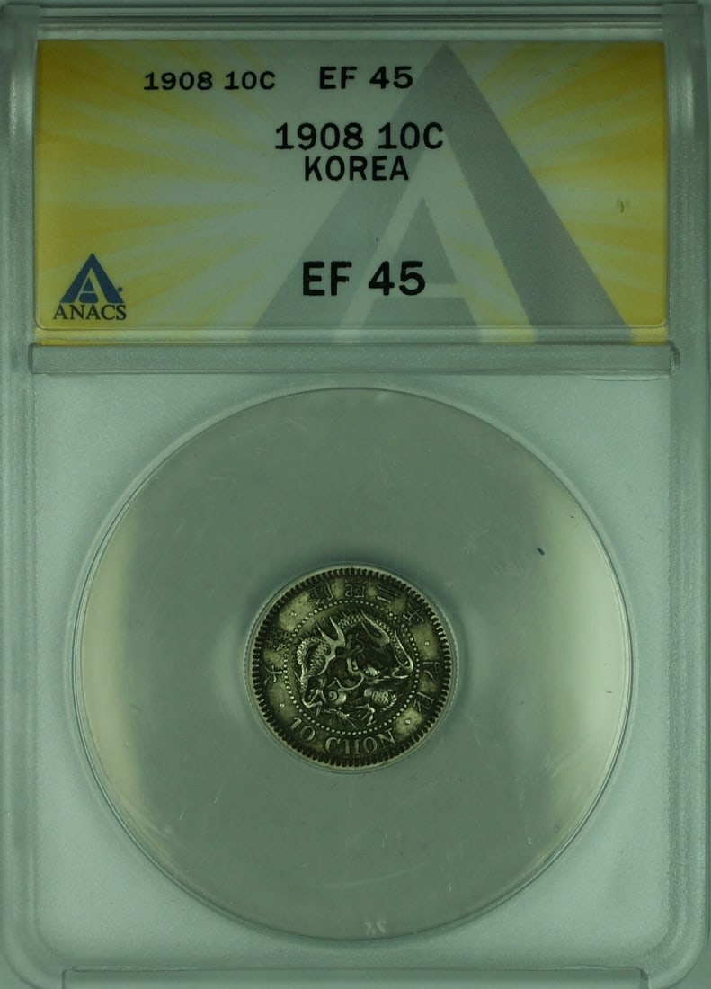 1908 Korea 10 Chon Silver Coin ANACS EF 45 KM 1139: 1908 Korea 10 Chon Silver Coin ANACS EF 45 KM 1139 This 1908 Korea 10 Chon silver coin features a remarkable design and is a great addition to any numismatic collection. Certified by ANACS with a grad