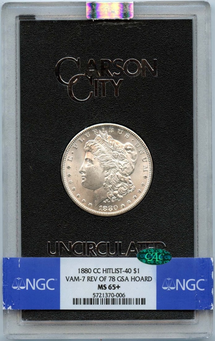 1880-CC Morgan Dollar VAM-7 GSA Hoard NGC MS65+ CAC: 1880-CC Morgan Dollar VAM-7 GSA Hoard NGC MS65+ CAC This 1880-CC Morgan Dollar is a striking piece from the GSA hoard, showcasing the VAM-7 variety with the reverse design of 1878. Graded MS65+ by NGC