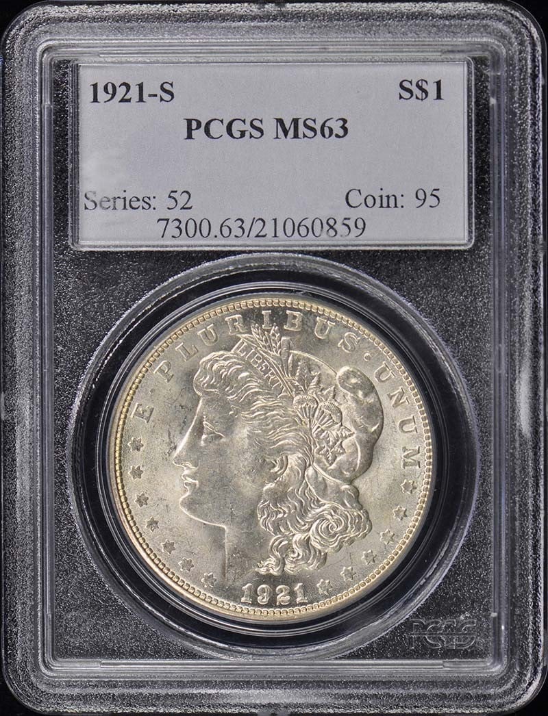 1921-S Morgan Dollar Uncirculated PCGS MS63 San Francisco: 1921-S Morgan Dollar Uncirculated PCGS MS63 San Francisco This 1921-S Morgan Dollar, graded MS63 by PCGS, is a stunning example of American coinage. Minted in San Francisco, this uncirculated dollar s