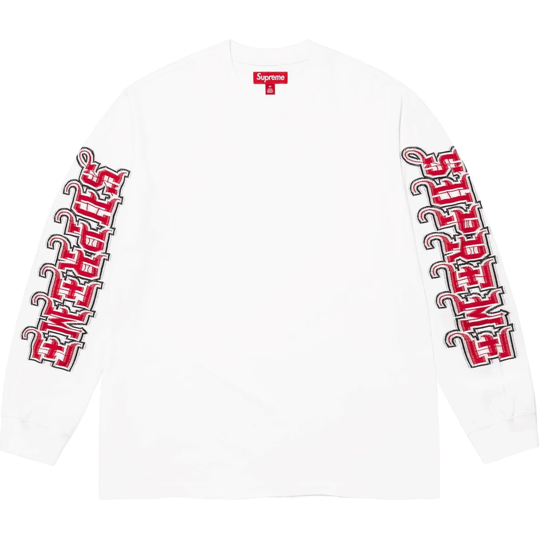 Supreme Intarsia Sleeve Long Sleeve Tee White Medium: Supreme Intarsia Sleeve Long Sleeve Tee White Medium The Supreme Intarsia Sleeve White L/S Tee showcases a clean and elevated style, featuring bold intarsia knit logo detailing down each sleeve. Craft