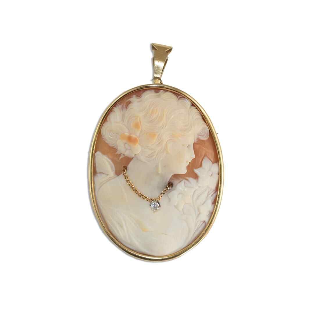 Vintage 14K Yellow Gold Shell Cameo Brooch with Diamond Accent 20.2g (1 of 6)