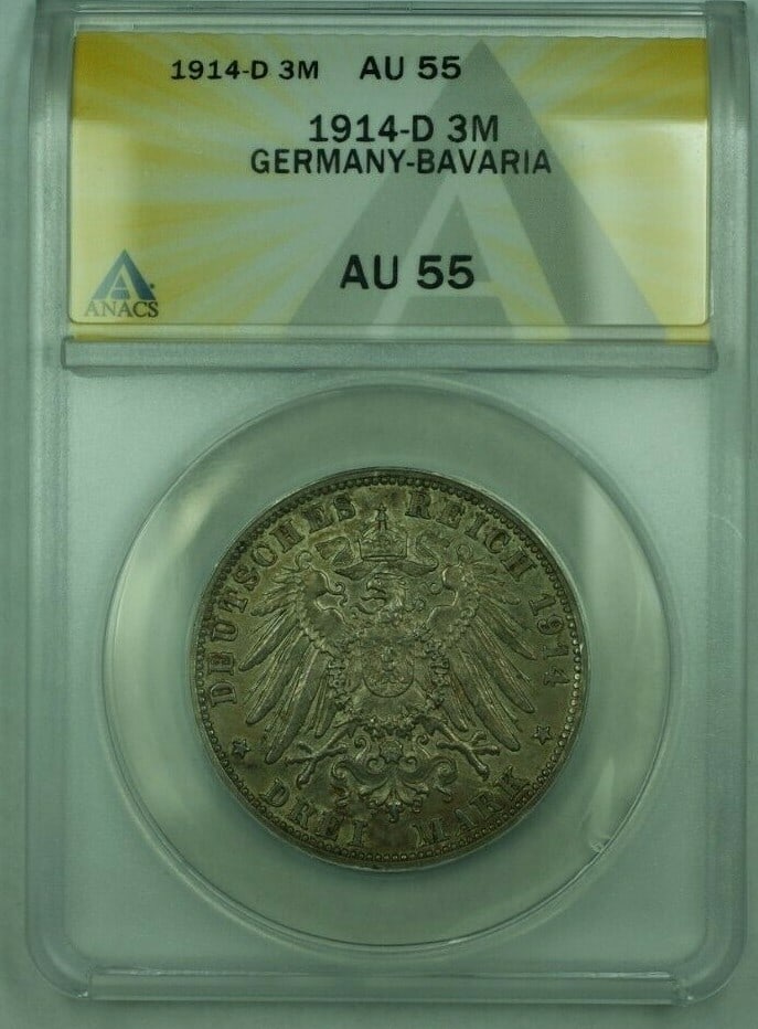 1914-D Bavaria 3 Mark Coin Silver ANACS AU 55 (1 of 2)