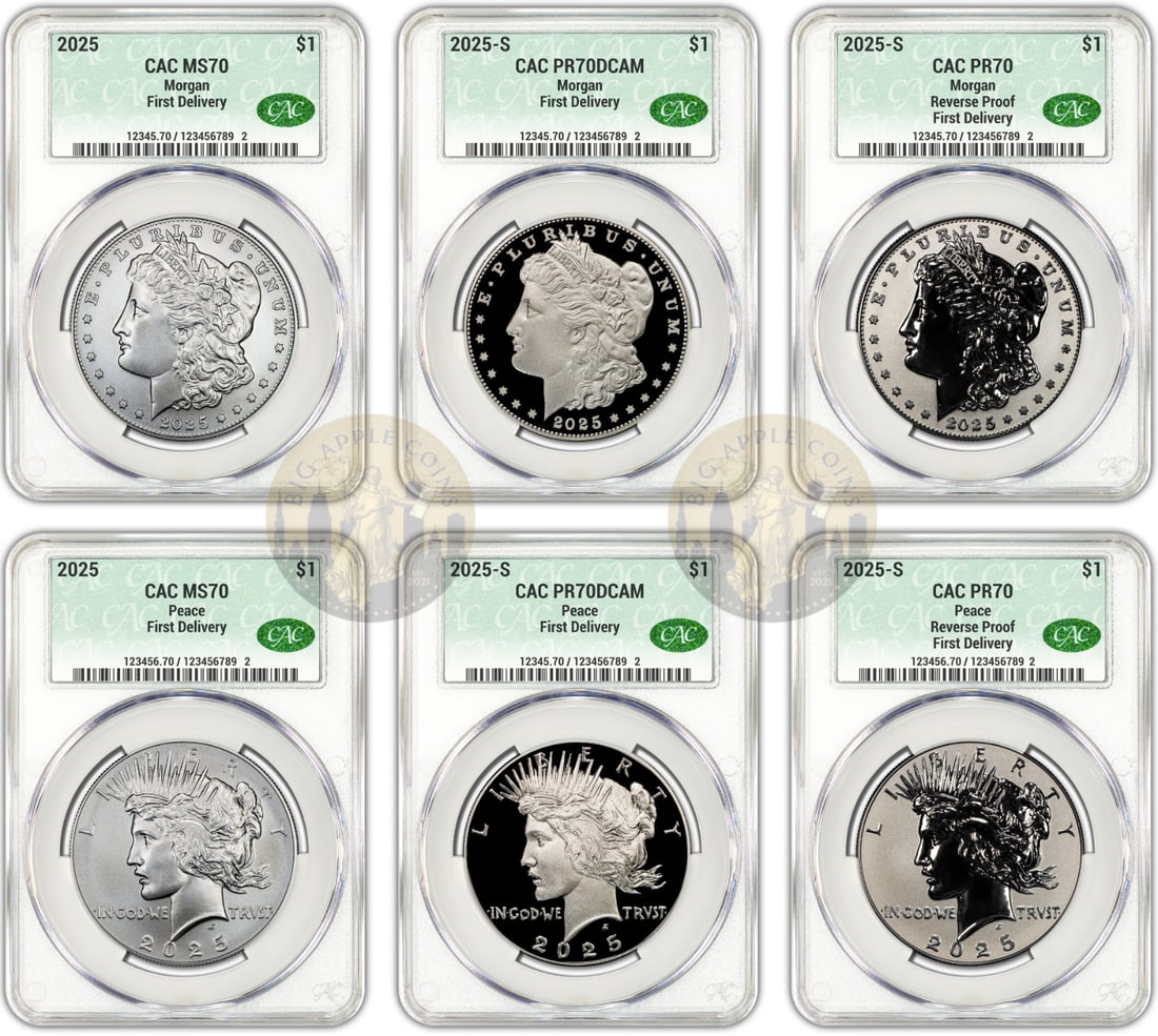 2025 CAC Certified 6-Coin Morgan Peace Silver Dollar Set: 2025 CAC Certified 6-Coin Morgan Peace Silver Dollar Set This exquisite 2025 Six-Coin Set features both Morgan and Peace Silver Dollars, crafted from high-quality silver with a fineness of 0.999. Each