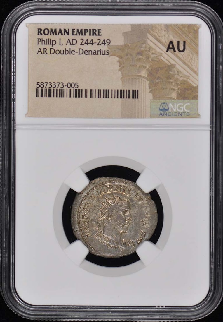 Philip I AD 244-249 NGC AU50 AR Double-Denarius Ancient Roman Coin: Philip I AD 244-249 NGC AU50 AR Double-Denarius Ancient Roman Coin This ancient Roman AR Double-Denarius features the reign of Philip I, dating from AD 244 to 249. It is certified by NGC with a grade