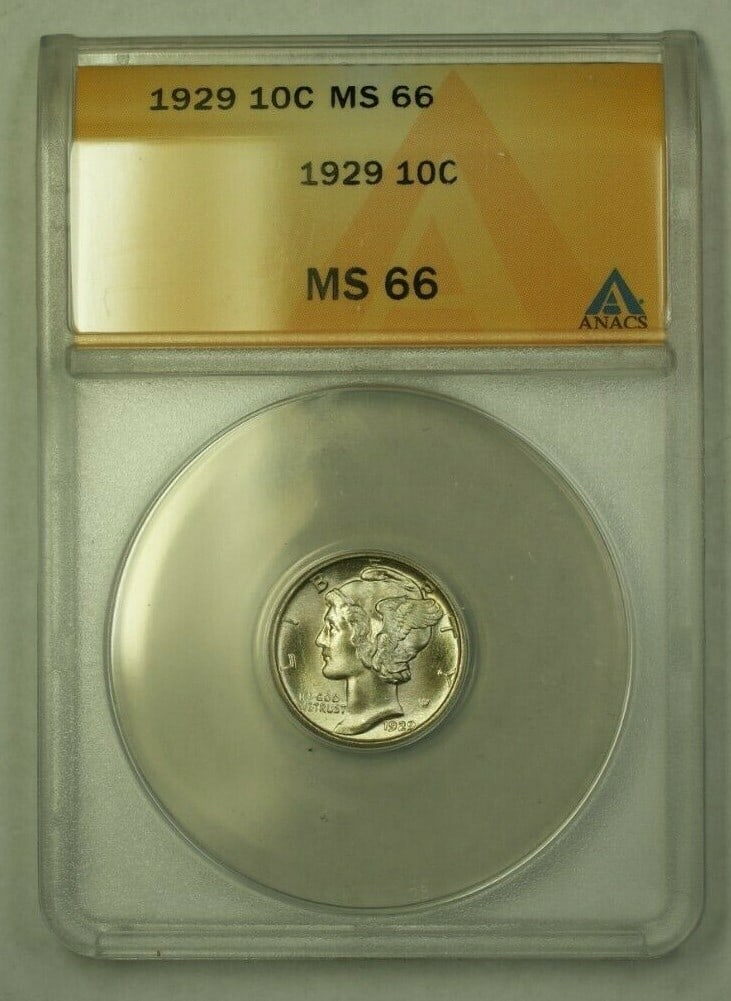 1929 Mercury Dime 10C ANACS MS-66 Uncirculated Silver Coin (1 of 2)
