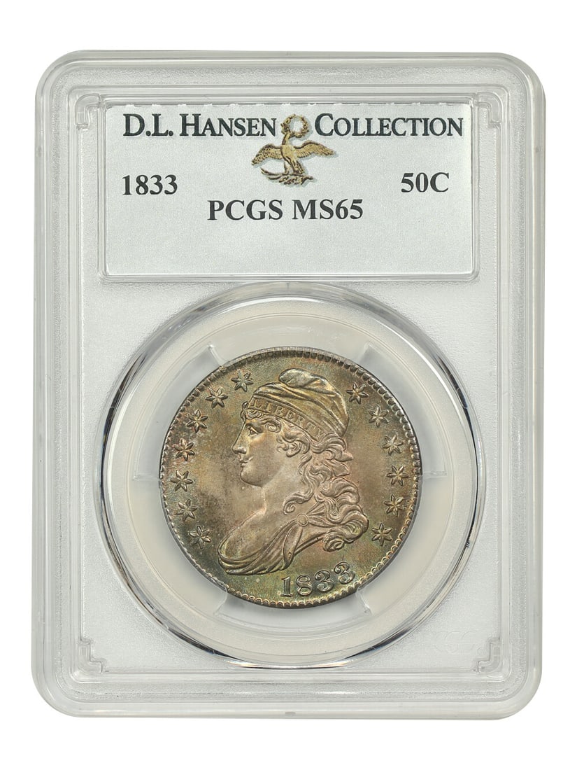 1833 PCGS MS65 Capped Bust Half Dollar D.L. Hansen Collection: 1833 PCGS MS65 Capped Bust Half Dollar D.L. Hansen Collection This 1833 Capped Bust Half Dollar is a stunning example of numismatic artistry, graded MS65 by PCGS. This uncirculated coin features brigh