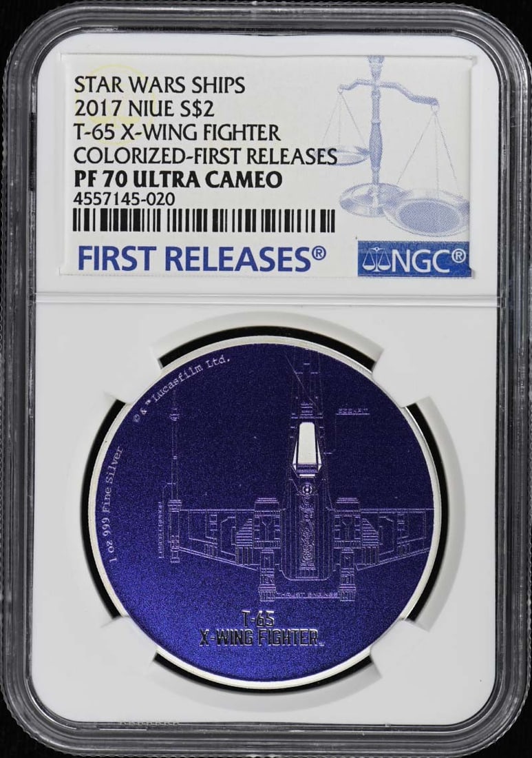 2017 Niue T-65 X-Wing Fighter Colorized S$2 NGC PR70DCAM: 2017 Niue T-65 X-Wing Fighter Colorized S$2 NGC PR70DCAM This 2017 Niue T-65 X-Wing Fighter coin is a stunning colorized piece, marking the first release in its series. Certified by NGC with a perfect