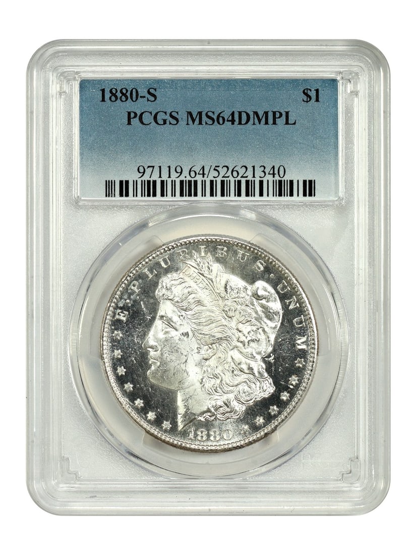 PCGS MS64DMPL 1880 San Francisco Morgan Silver Dollar $1 Coin: PCGS MS64DMPL 1880 San Francisco Morgan Silver Dollar $1 Coin This is an 1880-S Morgan Dollar graded MS64DMPL by PCGS, indicating a deep mirror proof-like strike. Minted in San Francisco, this uncircu