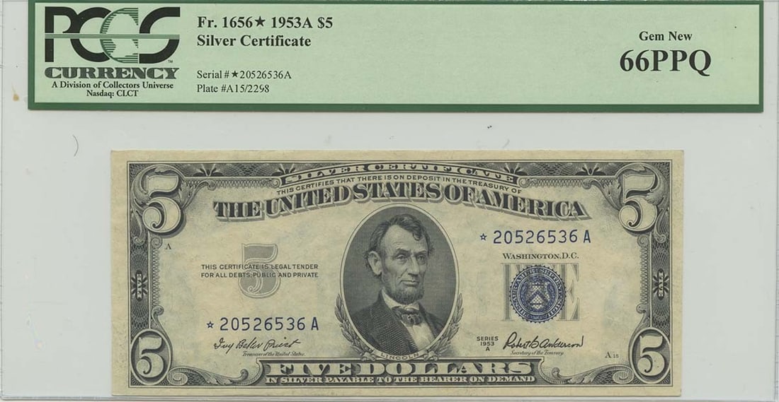 1953A $5 Silver Certificate FR#1656* PCGS 66 Gem Uncirculated Star Note (1 of 2)