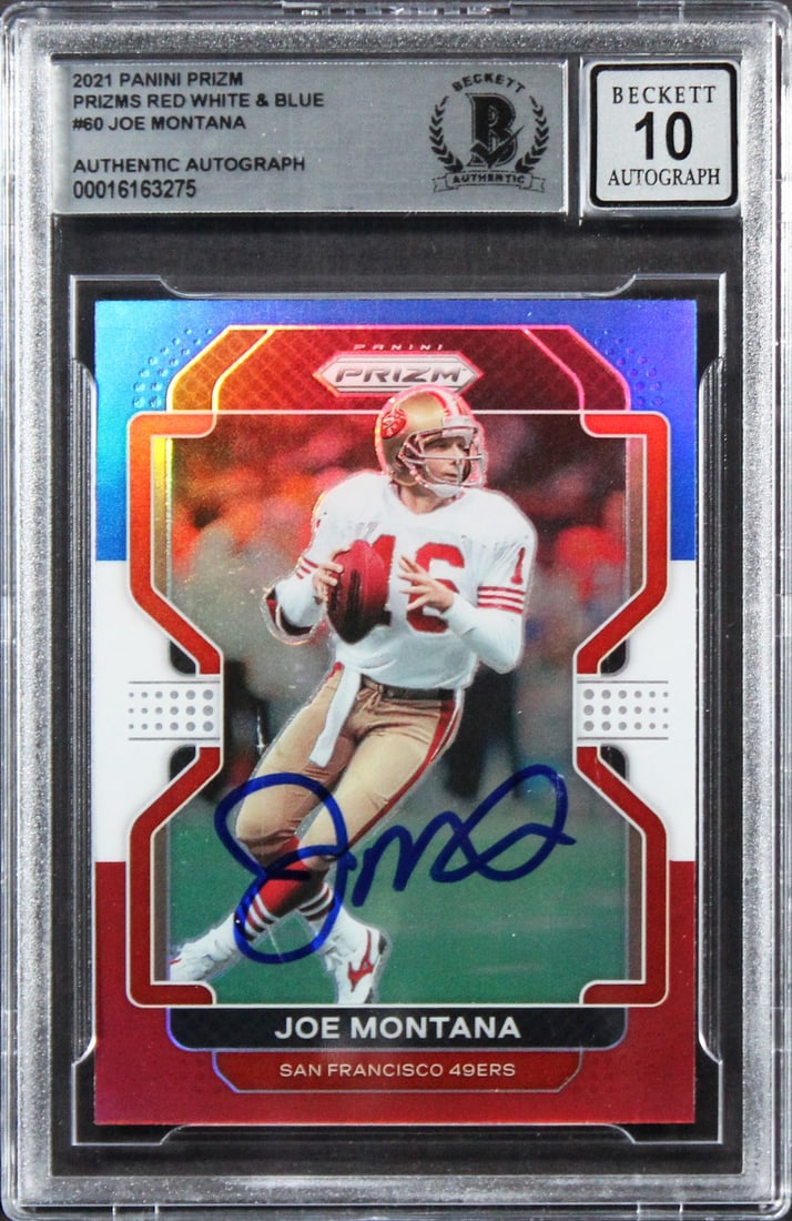 Joe Montana Signed 2021 Panini Prizm RW&B #60 Card Gem Mint 10 BAS (1 of 2)