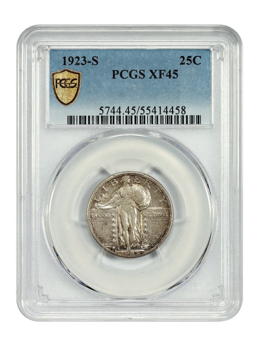 1923-S Standing Liberty Quarter PCGS XF45 Scarce San Francisco Mint: 1923-S Standing Liberty Quarter PCGS XF45 Scarce San Francisco Mint This 1923-S Standing Liberty Quarter, certified by PCGS with a grade of XF45, is a noteworthy addition to any collection. Known for