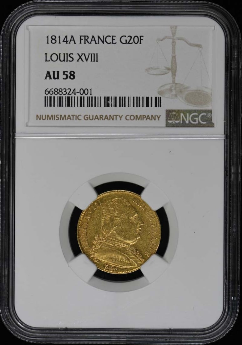 1814A France Louis XVIII Gold 20 Franc NGC AU58 Coin (1 of 2)