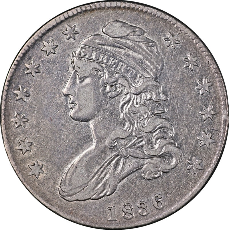 Choice XF Plus 1836 Silver Bust Half Dollar O-110 R.1 Attractive Strike: Choice XF Plus 1836 Silver Bust Half Dollar O-110 R.1 Attractive Strike This 1836 Bust Half Dollar features a Choice XF+ grade with attractive eye appeal and a sharp strike. The coin displays pleasing