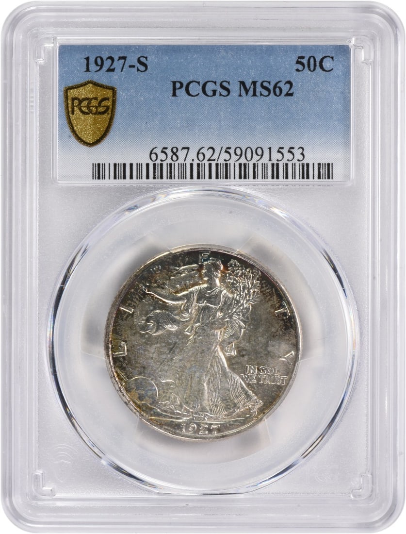 1927-S Walking Liberty Half Dollar MS62 PCGS Uncirculated Silver Coin: 1927-S Walking Liberty Half Dollar MS62 PCGS Uncirculated Silver Coin This 1927-S Walking Liberty Silver Half Dollar is a remarkable piece, graded MS62 by PCGS, indicating its uncirculated condition.