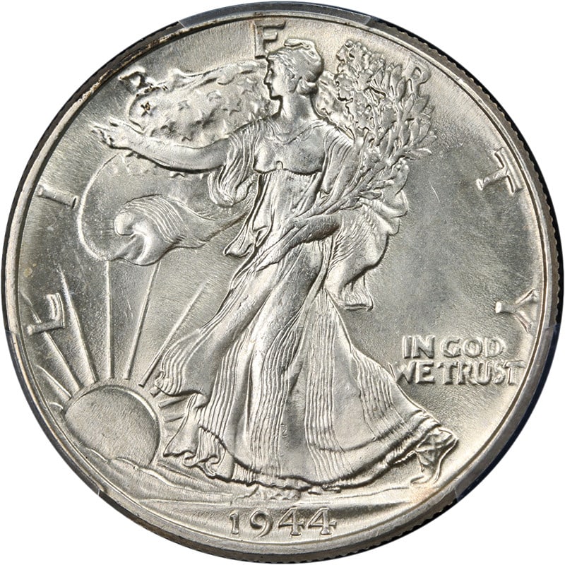 1944-P Walking Liberty Half PCGS MS65 Silver Coin Strong Strike: 1944-P Walking Liberty Half PCGS MS65 Silver Coin Strong Strike This stunning 1944-P Walking Liberty Half showcases superb eye appeal, enhanced by its fantastic luster and strong strike. Graded MS65 b