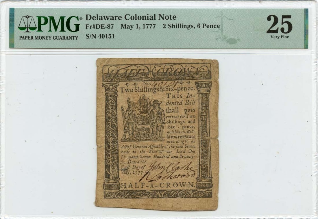 1777 Delaware Colonial Currency 2 Shillings 6 Pence PMG VF25 (1 of 2)