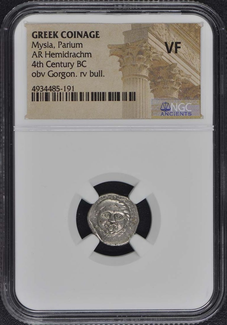 4th Century BC Mysia Parium AR Hemidrachm NGC Certified VF25: 4th Century BC Mysia Parium AR Hemidrachm NGC Certified VF25 This ancient coin dates back to the 4th Century BC and originates from Mysia, specifically Parium. It is an AR Hemidrachm, a denomination u