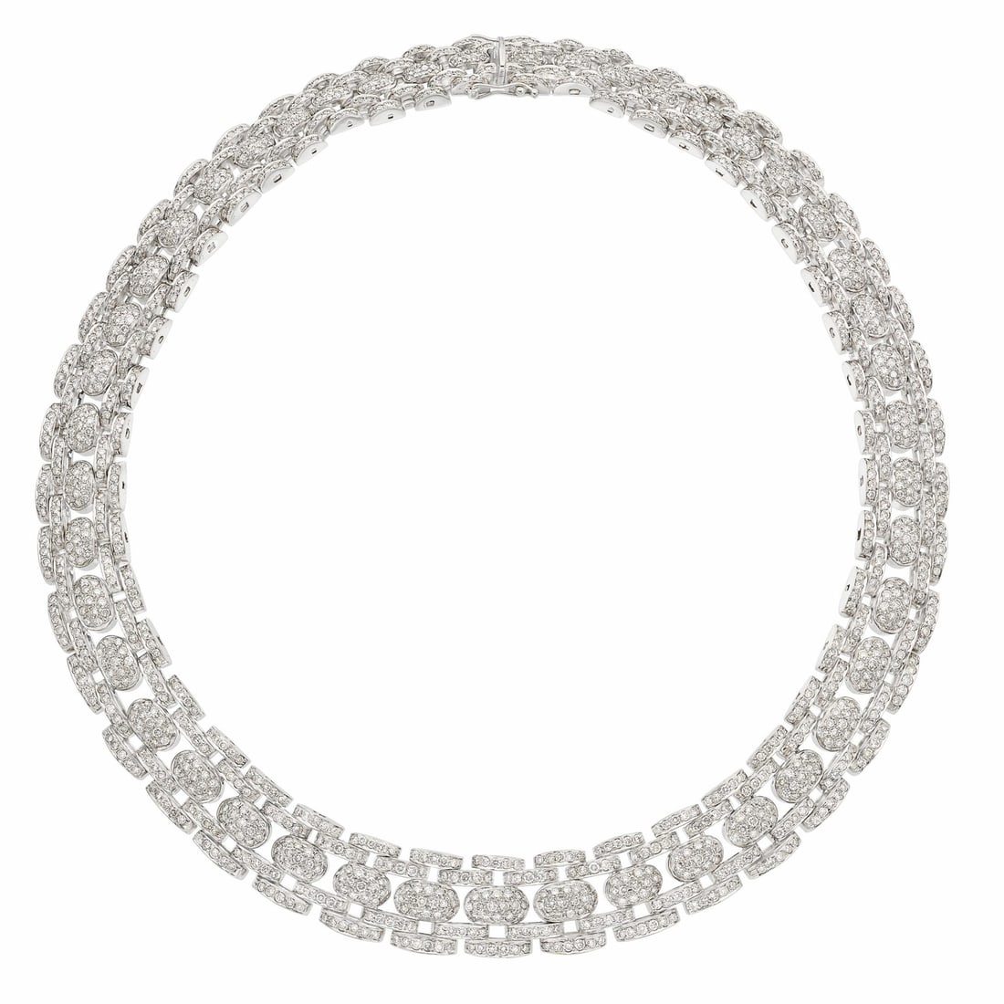 18K White Gold Custom Diamond Necklace 21.60 Carats 156 Grams: 18K White Gold Custom Diamond Necklace 21.60 Carats 156 Grams This stunning ladies' necklace is crafted from 18k white gold and features a remarkable collection of full-cut diamonds, totaling approxim