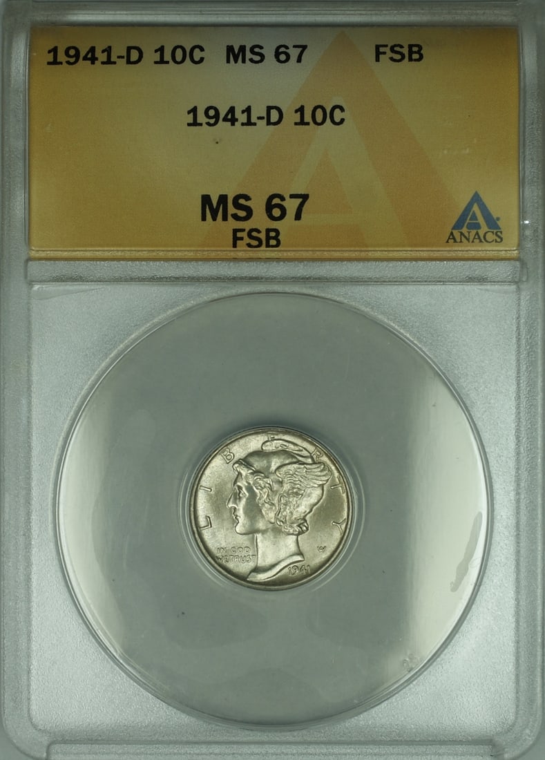 1941-D ANACS MS-67 Silver Mercury Dime Full Split Bands: 1941-D ANACS MS-67 Silver Mercury Dime Full Split Bands This 1941-D Silver Mercury Dime is a remarkable example of American coinage, featuring a high grade of MS-67 certified by ANACS. Struck in silve